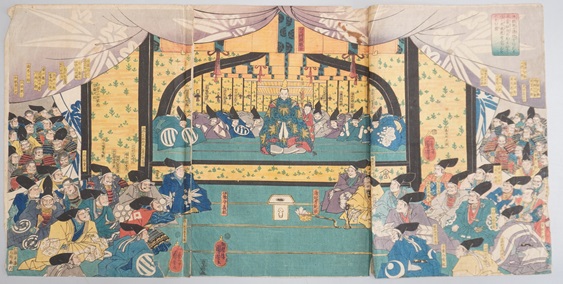 源頼朝諸将を集め平家征伐の先陣を佐々木梶原にのぞむ図
